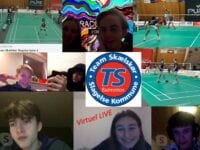 Collage fra Skypemøde samt fra Badmintonligakampen mellem TSS og Skovshoved. Pressefoto.